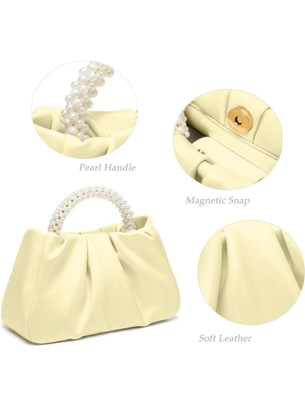 👜Women's Cream Leather Wedding Party Pearl Elegant Clutch Purse Magnetic Snap